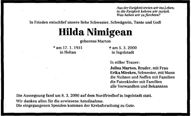 Marton Hilda 1931-2000 Todesanzeige